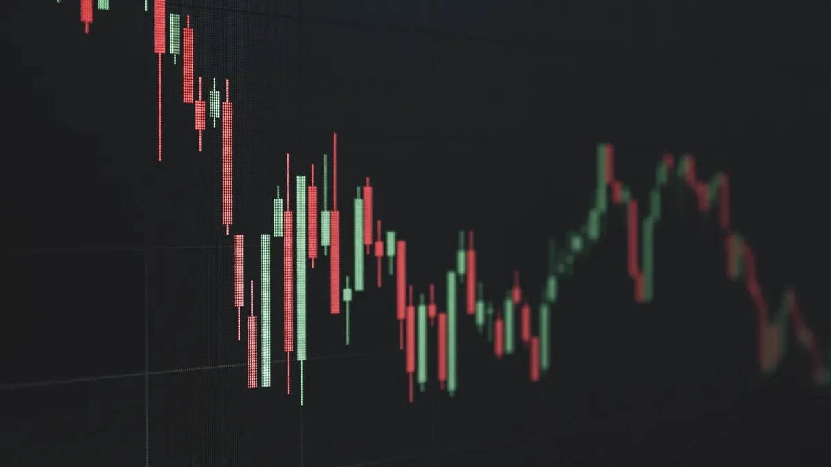 Stock market data chart showing trends in red and green. Perfect for financial and business themes.