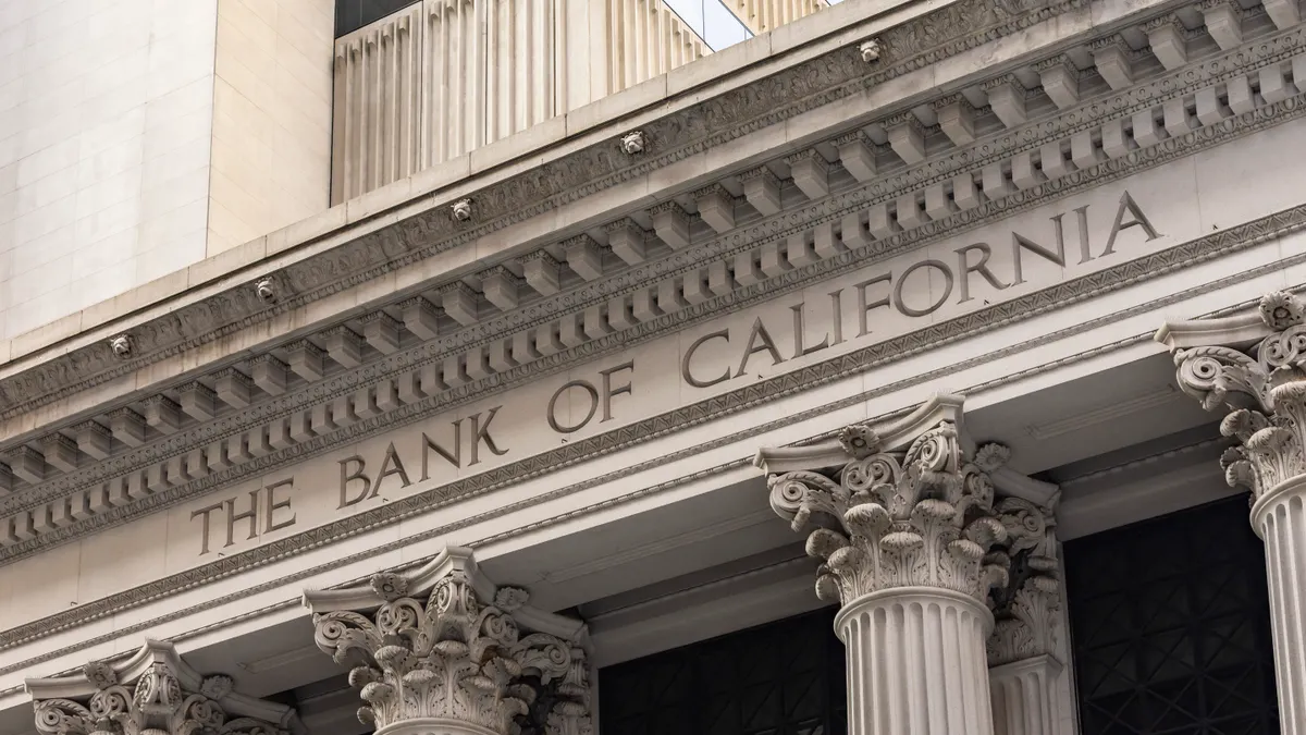 Close-up of Bank of California with classic architecture and columns.